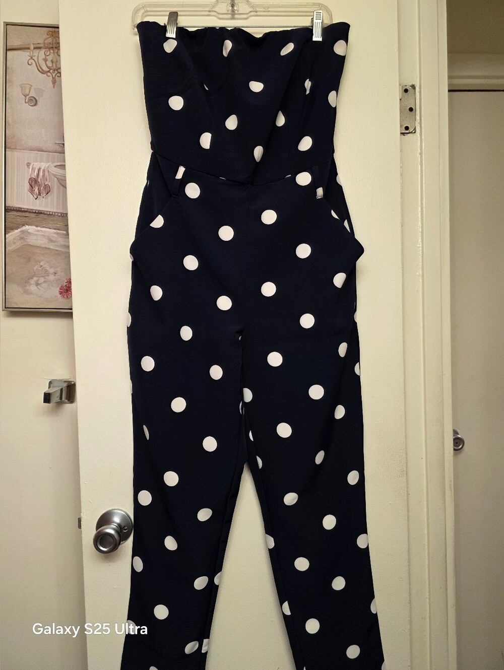 New York & Company Navy Blue White Polka Dot Strapless Jumpsuit Size S - Picture 3 of 10